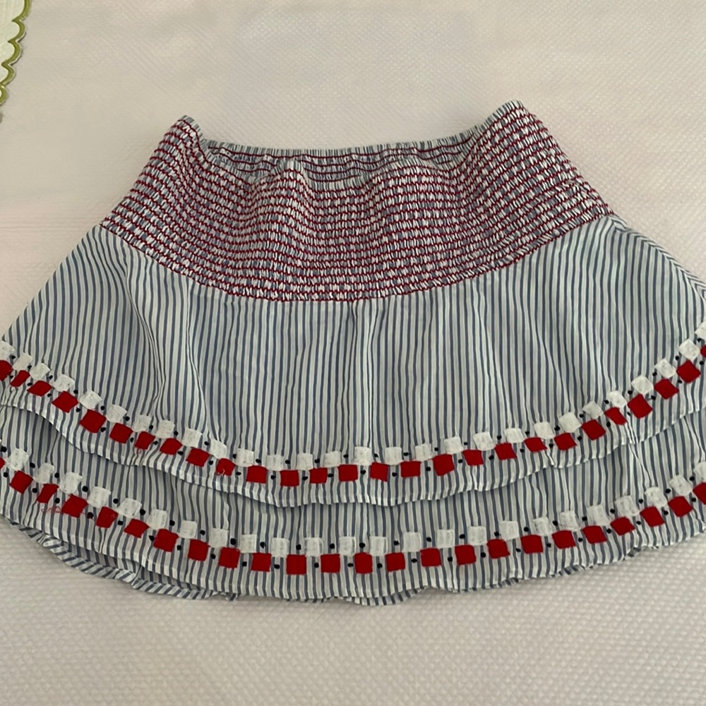 Shirred waist red white a blue mini flare skirt